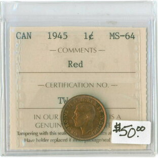 【極美品/品質保証書付】 アンティークコイン コイン 金貨 銀貨 [送料無料] 1945 Canada One Cent ICCS MS 64 RED PENNYの画像
