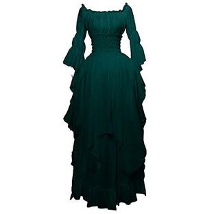 TIFZHADIAOルネサンス衣装女性中世ドレス海賊農民ドレスパフスリーブオフショルダーガウンマキシドレスグリーンの画像