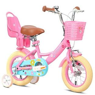 Glerc Maggie 子供用自転車 女の子用 キッズバイク 幼児乗り練習 花柄 かご付き 補助輪付き こども三輪 ぬいぐるみ座席付き vブレーキの画像