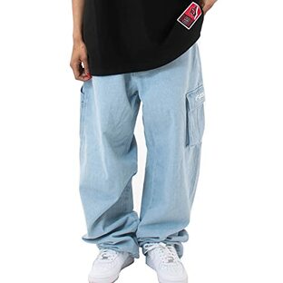 [フブ] ジーンズ デニムパンツ メンズ ジーパン ウォッシュ加工 ロングパンツ ポケット付き ストリート系 ヒップホップ アメカジ 夏服 サックスの画像