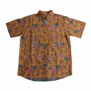 バティックシャツ 半袖シャツ トラディショナルイエロー コットン インドネシア民族衣装 ユニセックス 150110 【メール便OK】の画像