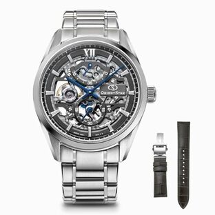 [オリエントスター]ORIENT STAR 機械式腕時計 M34 F8 スケルトン ハンドワインディング 日本製 国内メーカー保証2年付 レザーバンド付属 RK-AZ0102N メンズ シルバーの画像