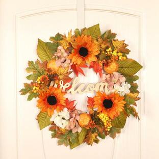 秋の収穫ひまわりガーランドリース45cmドア装飾装飾品感謝祭の画像