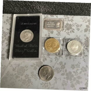 【極美品/品質保証書付】 アンティークコイン コイン 金貨 銀貨 [送料無料] IKE COINS & INGOT, LOT OF 4, $1 SILVER PROOF, 2 COMMEMORATIVE, 25g BAR+BONUS!の画像