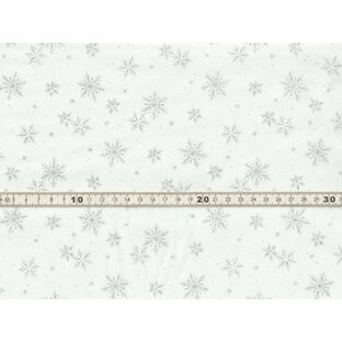 【送料無料】綿100% 生地 クリスマス柄 スノーフレイク 雪の結晶 オフホワイトxシルバーラメプリント シーチングの画像