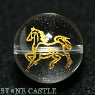 天然石 ビーズ【彫刻ビーズ】水晶 14mm (金彫り) (線彫り) 馬 パワーストーンの画像