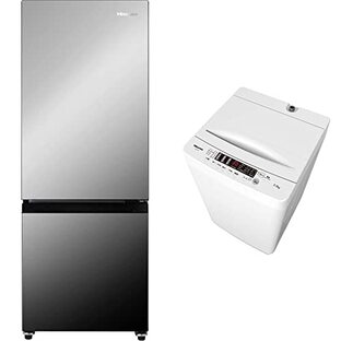 【セット買い】ハイセンス 冷蔵庫 幅51.3cm 162L ミラー HR-G16AM 2ドア 右開き 自動霜取り コンパクト & 全自動 洗濯機 5.5kg ホワイト HW-K55E 最短10分洗濯 真下排水の画像