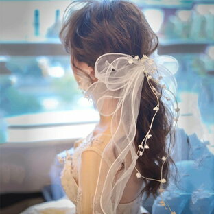 Lee ヘッドドレス ウェディング 髪飾り チュールリボン ヘアアクセサリー ブライダル 成人式 リゾート 結婚アクセサリーの画像
