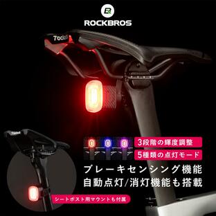 自転車 テールライト リア 後ろ 自動点灯 LED 赤色光 防水 IPX6 USB充電式 マウントセット ロックブロスの画像