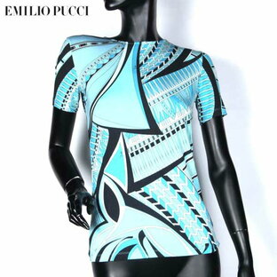 エミリオ プッチ Emilio Pucci レディース トップス インナー カットソー 半袖Tシャツ プッチ柄 背中ファスナー付総柄マルチプリントTシャツ ライトブルー 水色 36RM95 36758 00513A (R50400)【送料無料】【smtb-TK】の画像