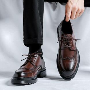 牛革靴 紳士靴 ビジネスシューズ メンズ 牛革 本革 ウィングチップ 外羽根 靴 24.5~27の画像