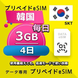 eSIM 韓国 データ通信 4日間 毎日 3GB esim 格安eSIM SIMプリー 韓国 プリペイド esim データ専用 SKTの画像