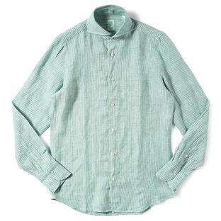 FINAMORE フィナモレ SERGIO BARI/240036 M0593 リネン ストライプ カッタウェイカラーシャツ GREENの画像