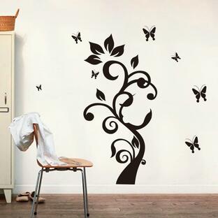 ウォールステッカー壁紙 シール 植物 木 壁紙 黒 ブラック 森 葉 かわいい 剥がせる 清楚 ちょうちょ 蝶 ウォールデコレーション 壁面装飾 オシの画像