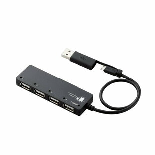 NAエレコム USB2.0 microUSB ハブ 4ポート バスパワーmicroUSBケーブル+変換アダプタ付 ブラック U2HS-MB02-4BBKの画像