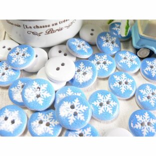 ボタン 14mm 木のボタン 結晶 雪 スノーフレイク 青 水色 10個 ウッド 手芸  #361の画像