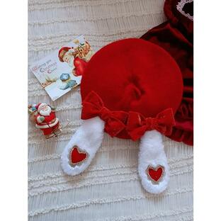 手作りプリンセスロリータこどもリボンうさぎ耳ピンクベレー帽クリスマス赤い帽子の画像