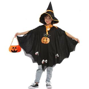 Ansimple ハロウィン コスチューム 3点セット マント 帽子 カボチャ袋 魔女 悪魔 ウィッチ 巫女 幽霊 かぼちゃ 子供 キッズの画像