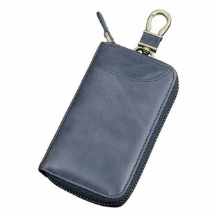 キーケース メンズ 本革 2つ外側ポケット カードキーケース スマートキーケース 車キーケース 6連 カード入れ カラビナ付き 大容量 プレゼント (ブルー)の画像