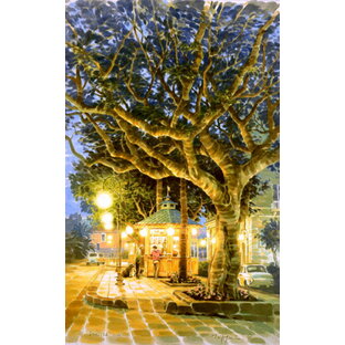 笹倉鉄平 「大きな木と小さなカフェ」 2003年 シルクスクリーン 額付版画作品の画像