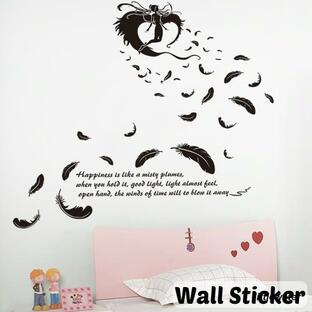 ウォールステッカー 壁紙シール 妖精 天使 羽根 英字 フェアリー エンジェル ウィング モノトーン ブラック 黒 壁面 室内 装飾 デコレーションの画像