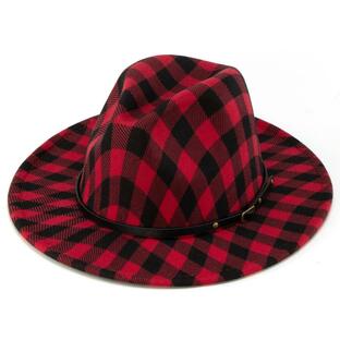 Classic Wide Brim Black Red Buffalo Plaid Fedora Hat for Women a 並行輸入品の画像