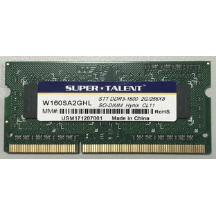SuperTalent ハイニックスチップ搭載 SODIMM DDR3L-1600 PC3L-12800S 2GB 低消費電力ノートPC用 メモリ W160SA2GHL 新品バルク品の画像
