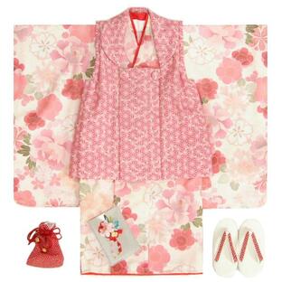 七五三 着物 3歳 女の子 被布セット 式部浪漫KAGURA（かぐら）ブランド オフホワイト 百花 被布ピンク麻の葉柄 雛祭り 正月 足袋付セット 日本製の画像