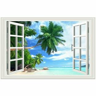ウォールステッカー 窓 海 南国 ビーチ おしゃれ ヤシの木 インテリア ステッカー 高級感 トリックアート 綺麗 トイレ かわいい 浜辺 壁飾り 青い空 vr02077の画像