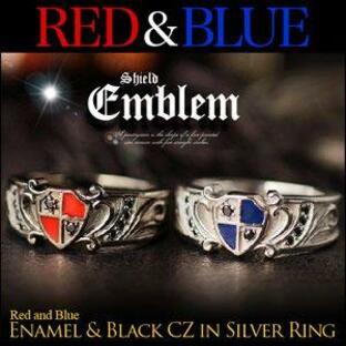 リング 指輪 メンズ シルバーアクセサリー シールド エンブレム レッド ブルー r0696の画像