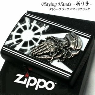 ZIPPO ライター プレイングハンズ 銀古美メタル貼り ジッポ タトゥーブラック 祈り手 太陽 かっこいい タトゥー マットブラックの画像