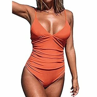 CUPSHE Women's V Neck Shirring Swimsuit,Orange, Lの画像