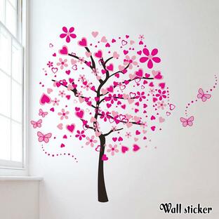 ウォールステッカー 壁紙シール 壁ステッカー フラワー 花 ハート 木 樹木 チョウ ピンク 大きめ 存在感 壁面装飾 室内装飾 インテリア雑貨 模様の画像
