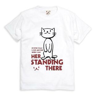 猫 おもしろ かわいい Tシャツ メンズ レディース 半袖 STANDING THERE - ホワイト ネコ ねこ 猫柄 雑貨 - メール便 - SCOPY スコーピーの画像