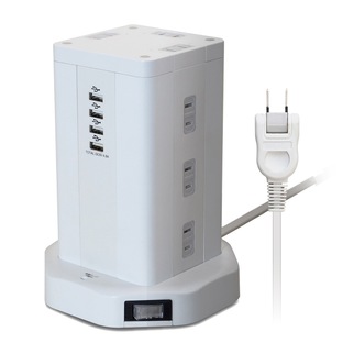 USB付 タワー型 電源タップ コンセント 12口 USB 4ポート 急速充電 合計4.8A 電源コード 2m 1年保証 雷ガード OAタップ 延長コード ホワイト PTP12U4-48A2の画像