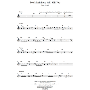 Too Much Love Will Kill You (初級, アルト・サックス) (クイーン) - サクソフォン 楽譜の画像