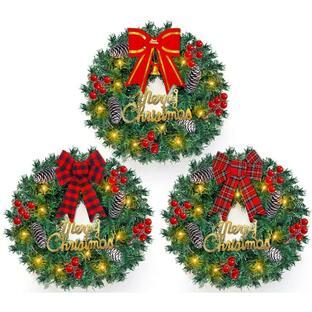 TURNMEON ライト付きクリスマスリース 玄関ドア用 メリークリスマスサイン 松ぼっくり レッドベリー 電池式 小さなクリスマスリース ホリデーの画像