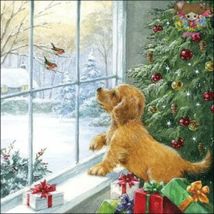 Ambiente ペーパーナプキン☆Dog watching birds☆ （20枚入り） いぬ 犬 イヌ 雪景色 雪 友達 鳥 プレゼント クリスマスツリー クリスマス 素敵 お洒落 デコパージュの画像