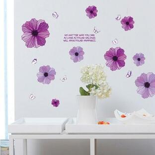 ウォールステッカー 紫のコスモス 花びらと蝶 デコシール 雰囲気変わる 咲いた花柄 英語詩 配送費無料の画像