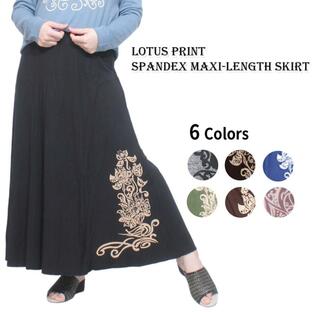 ロータス柄 マキシ丈ロングスカート エスニック アジアンファッション ストレッチ 激安 大きいサイズの画像