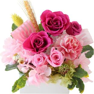 Azurosa プリザーブドフラワー 母の日のプレゼント人気 枯れない花 バラ アジサイ 白陶器 ナチュラルエレガント アレンジ ピンクの画像