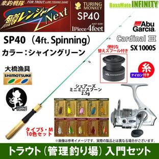 【ナイロン3lb糸付き】【トラウト入門12点一式セット】●鱒レンジャー ネクスト SP40 シャイングリーン＋カーディナル3 SX 1000S＋ミニミニスプーン10色の画像