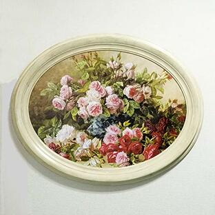 イタリア製 薔薇 アレンジメント 楕円 ハンドメイド アートフレーム アンティーク ホワイト花の絵 69X76cm fal-3555の画像