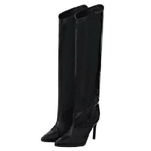 Shoe'N Tale Women's Knee High Boots Pointed Toe Stiletto High Heel Metallic Party Dressy Slip-on Booties Shoes(8,Black)の画像