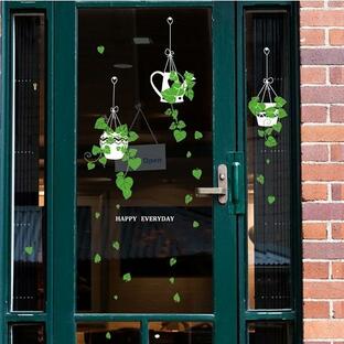 ウォールステッカー ハンギング 植物 白い鉢植え 壁紙シール グリーンリーフ 室内 窓ガラス 送料無料の画像