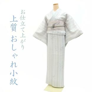 30%OFFで￥32780→22946 小紋 袷 着物 地紋 京友禅 縞 草花 グレー 薄青 白 正絹 新品 仕立て上がり 身丈164 裄68 Ｌ みやがわ sb3831の画像