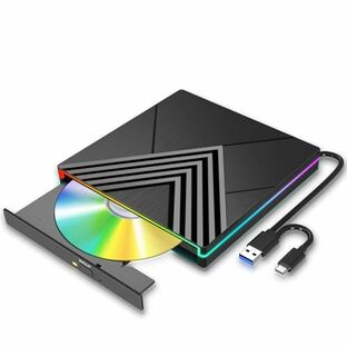 SURFOU CD DVDドライブ 外付け RGBライト付き 静音 USB3.0＆Type-C エラー修正 DVDプレーヤー 外付けDVDドライブ 読取/書込可 CDプレーヤー 外付けCDドライブ 軽量 薄型 光学ドライブ Mac PC パソコン Windows11 10 8 7XP Liunx Vista対応の画像