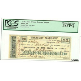 【極美品/品質保証書付】 アンティークコイン コイン 金貨 銀貨 [送料無料] Texas C.S.A. State, Treasurer of, TW-26-2 $20 CIVIL 50S, Nov 19, 1864 PCGS58PPQの画像