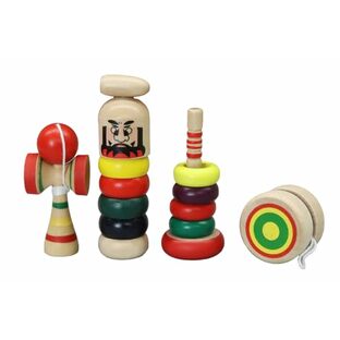 ミニミニ 日本の昔ながらの木製 おもちゃ 4種セット(わなげ・けん玉・ダルマ落とし・ヨーヨー各1ヶ)の画像