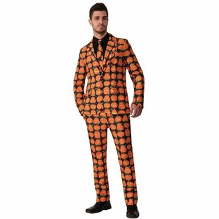 目立つ コスプレ コスチューム かぼちゃ パンプキン 総柄 スーツ オレンジ 上下セット ネクタイ 大人 男性用 仮装 衣装の画像